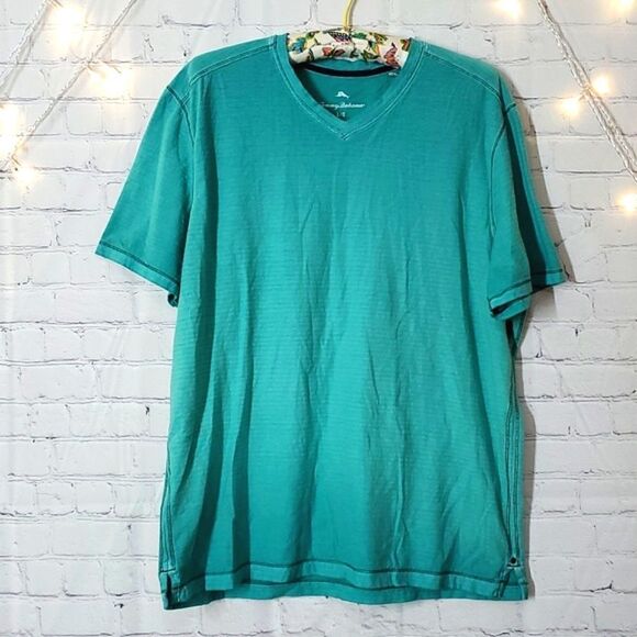 Tommy Bahama Textured Ribbed Teal Turquoise Lightweight Distressed V-Neck Tee L - Picture 1 of 10
